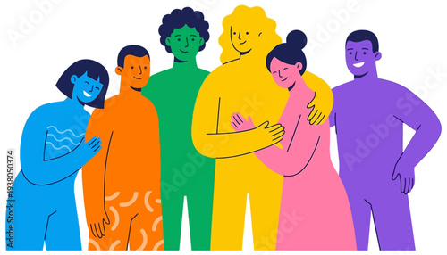 A diverse group of six friends depicted with simplified shapes and vibrant colors embrace each other warmly in a moment of unity and connection diversity friendship people