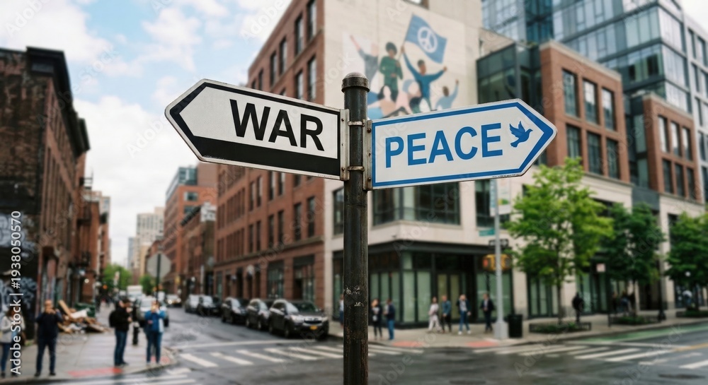 Fototapeta premium War and Peace Direction Signs at City Crossroads, Choose Peace and Diplomacy over War and Violence