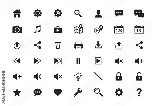 Black and white icon set arranged in a grid of six rows and eight columns