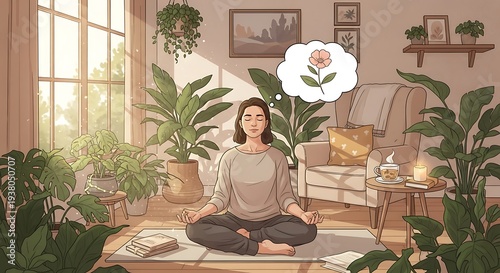 Woman meditating peacefully in serene indoor garden sanctuary