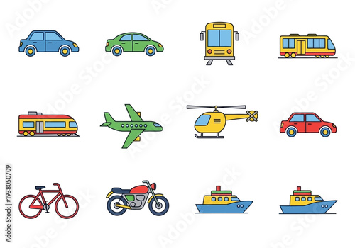 Twelve colorful simplified icons of various modes of transportation arranged in a threebyfour grid