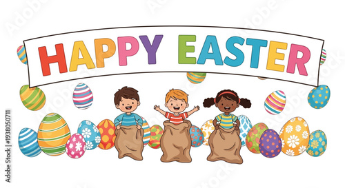 Happy Easter vector graphic of diverse children enjoying a sack race with colorful eggs and festive banner.