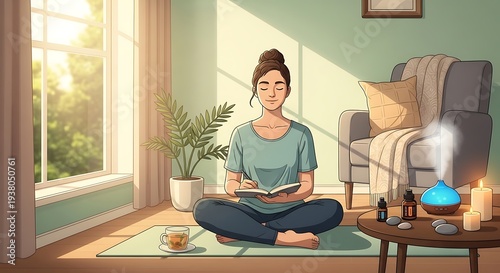 Woman meditates with book in peaceful home setting