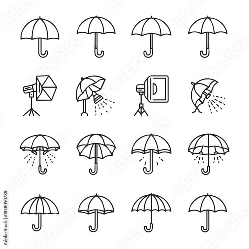 Umbrella Icons with Lighting Equipment Set Outline Style