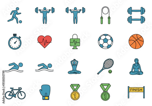 A grid of 20 stylized icons depicting various fitness sports and healthrelated items