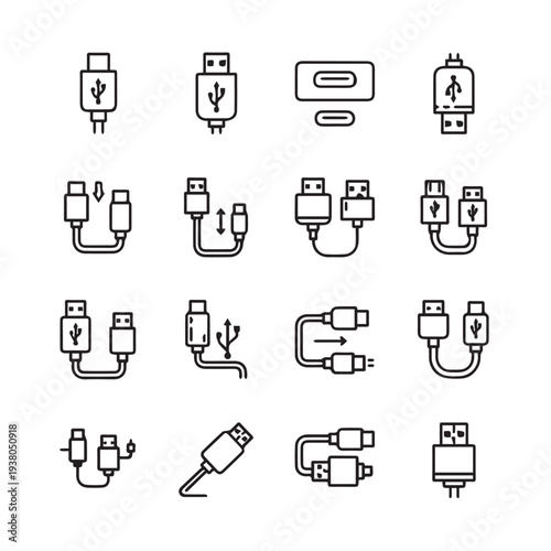 USB Cable Connectors and Adapters Set Line Art Icons Technology Concept