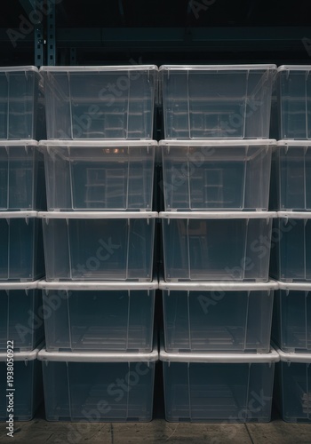 Clear plastic bins stacked neatly in a warehouse environment, ideal for inventory management, home organization, and efficient space utilization, inventory, declutter, tote