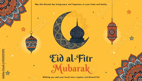 Vibrant Eid al-Fitr Mubarak celebration with mosque and lanterns