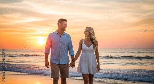 Couple enjoying a peaceful sunset walk along the beach holding hands