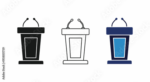Podium Icon Set with Microphones, Different Styles, Isolated on White Vector