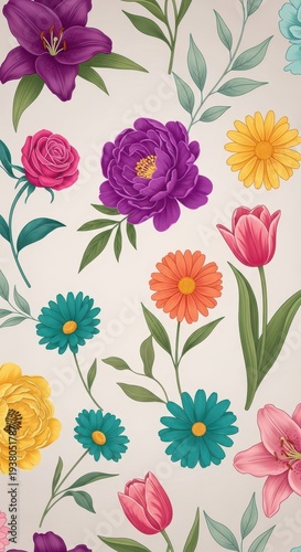 Seamless pattern featuring stylized illustrations of various blooming flowers and delicate leaves against a neutral background, seamless, motif, soft colors