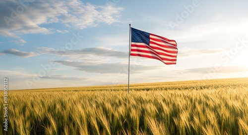 American flag waving on labor day in a golden wheat field
