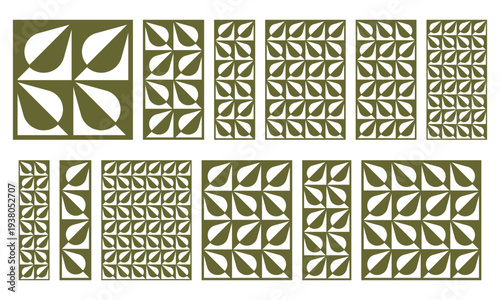 Decorative leaf pattern laser cut panel set. Vector grille templates in different proportions for CNC cutting, wood carving, metal wall screens, partitions and ornamental lattice design.