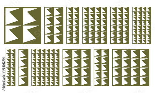 Geometric triangular laser cut panel set. Vector decorative grille templates in different proportions for CNC cutting, wall screens, partitions, wood carving, metal panels and stencil design.