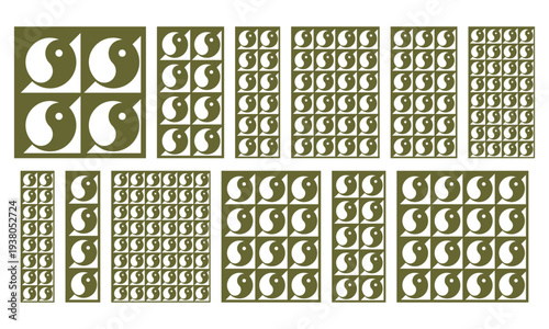Set of decorative geometric laser cut panels with yin yang pattern. Vector grille templates in different proportions for CNC cutting, wood carving, metal screens, wall panels and stencil design.