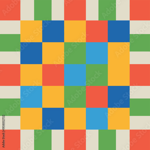 Quilt square features bright primary color blocks bordered by vertical stripes.