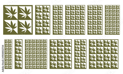 Decorative laser cut panels with cannabis leaf pattern. Vector templates in different proportions for CNC cutting, wall screens, partitions, wood carving, metal grille panels and ornamental design.