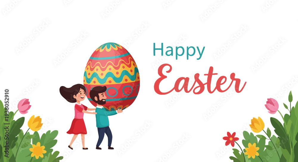 Fototapeta premium Vector illustration of a happy couple carrying a large colorful Easter egg, celebrating the holiday.
