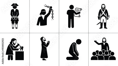 Collection of Historical Icons Representing Key Events in American History