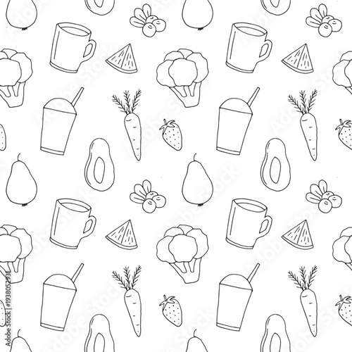 Seamless pattern with hand-drawn healthy food doodles, black and white line art icons of fruits and vegetables on white background
