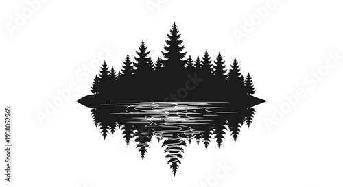 Black silhouette of pine trees reflected.