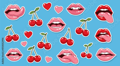 Vector illustration of luscious lips and cherries, a playful collection of graphic elements perfect for stickers and designs