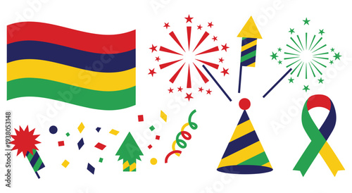 Mauritius flag and festive elements for celebration isolated on white