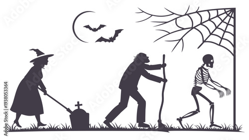 Spooky Halloween silhouettes of witch, man and skeleton