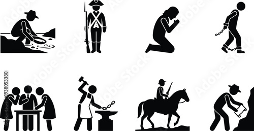 Historical labor activities depicted in vector illustrations showcasing mining, military, craftsmanship, and teamwork