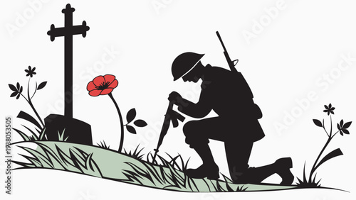 Soldier kneeling at grave with poppy