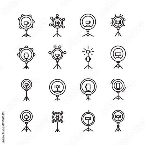 Various Ring Lights and LED Lighting Equipment Icons on Tripods for Content Creation