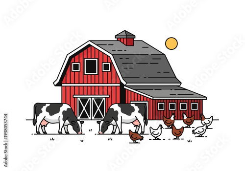 Farm animals grazing and roaming around a red barn with gray roof on a sunny day