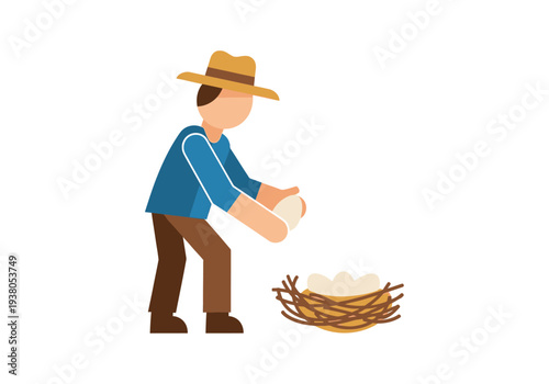 Farmer in hat placing eggs in a nest on the ground