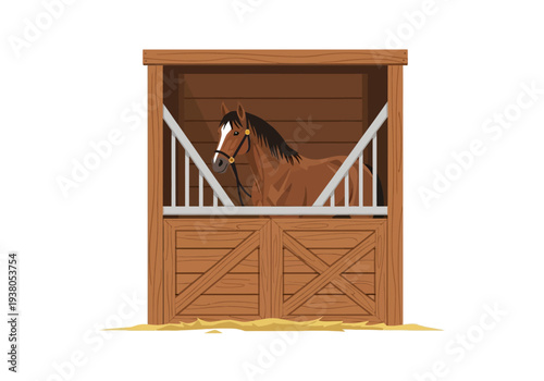 A brown horse standing in a wooden stable with an open top and white railings, viewed from the front.