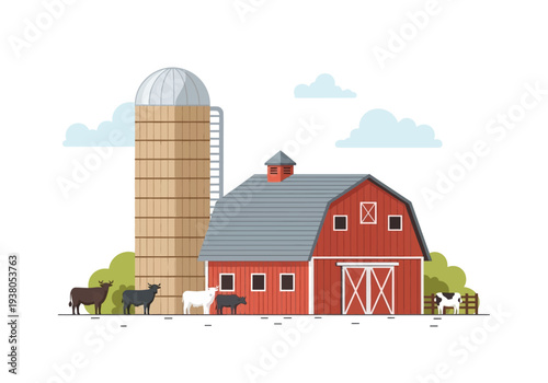Rustic farm scene with red barn, silo, and livestock in a serene countryside landscape viewed from a slight distance