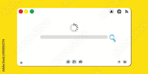 Modern Browser Window Mockup with Loading Spinner and Search Bar, Minimal Web Interface UI Template on Yellow Background