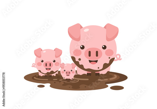 A family of pigs playing together in a muddy puddle from a front viewpoint