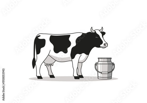 A black and white cow standing next to a milk bucket in a simple illustration
