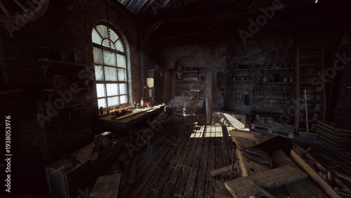 sunlit dusty workshop interior bathed in warm light, abandoned carpenter bench strewn with hand tools, sawdust and timber planks, arched window casting beams