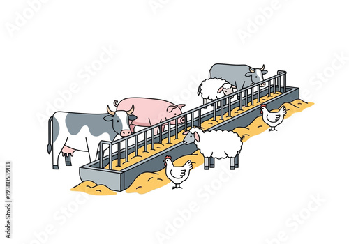Farm animals standing on a feeding conveyor belt in a livestock farm illustration
