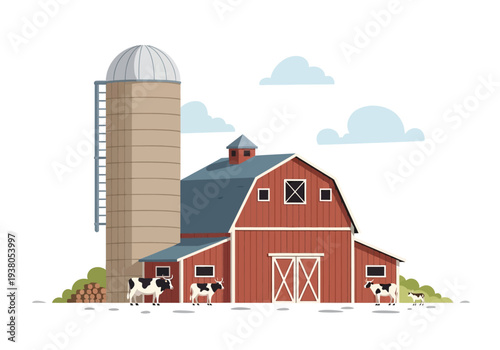 Cows grazing near a red barn and silo on a rural farm landscape viewed from the front