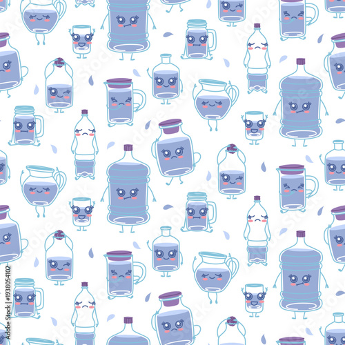 Seamless pattern with cute water bottle and glass characters isolated on white background. Flat illustration for kids textile, healthy drink wallpaper, mineral water wrap or kawaii backdrop