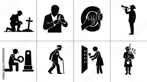 Silhouette illustrations of memorial activities and tributes honoring veterans and loved ones