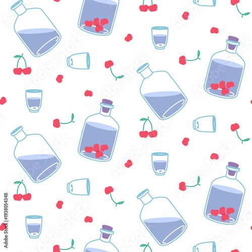 Seamless pattern with glass bottles of cherry water and ripe berries isolated on white background. Flat illustration for healthy lifestyle posters, kitchen textile or organic beverage wrap.