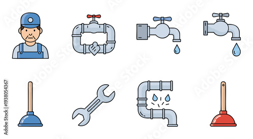 Plumbing tools and equipment icons for repair and maintenance services