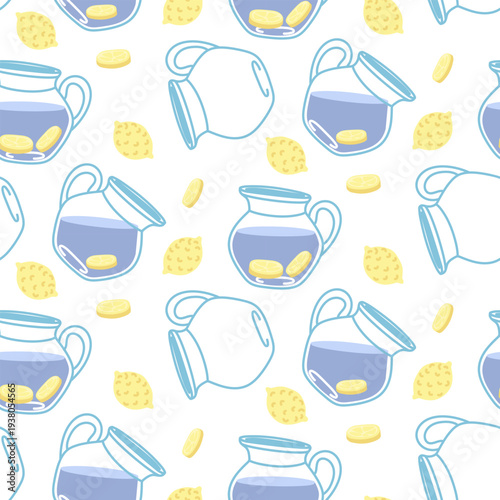 Seamless pattern with glass pitchers of lemon water and citrus slices isolated on white background. Flat illustration for kitchen textile, healthy drink wrap or organic beverage backdrop