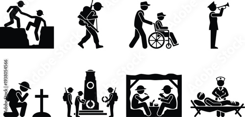Silhouette vector icons depicting military support and remembrance activities
