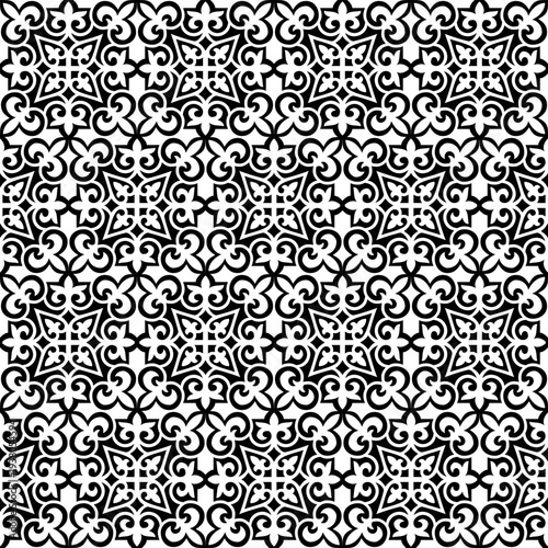 Turk, Kazakh, Kyrgyz, Mongol national ornament. Floral seamless pattern background. Black and white. Geometric ornament for wallpaper and background, embroidery, ceramic. 