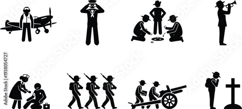Historical military icon set depicting various wartime activities and roles
