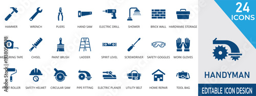 Professional solid icons of handyman , shower, plumbing, worker, carpentry, maintenance , goggles, and on-demand house fixing UI.